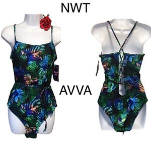 One piece swimsuit laced back AVVA Palm leafs tropical multi color NWT